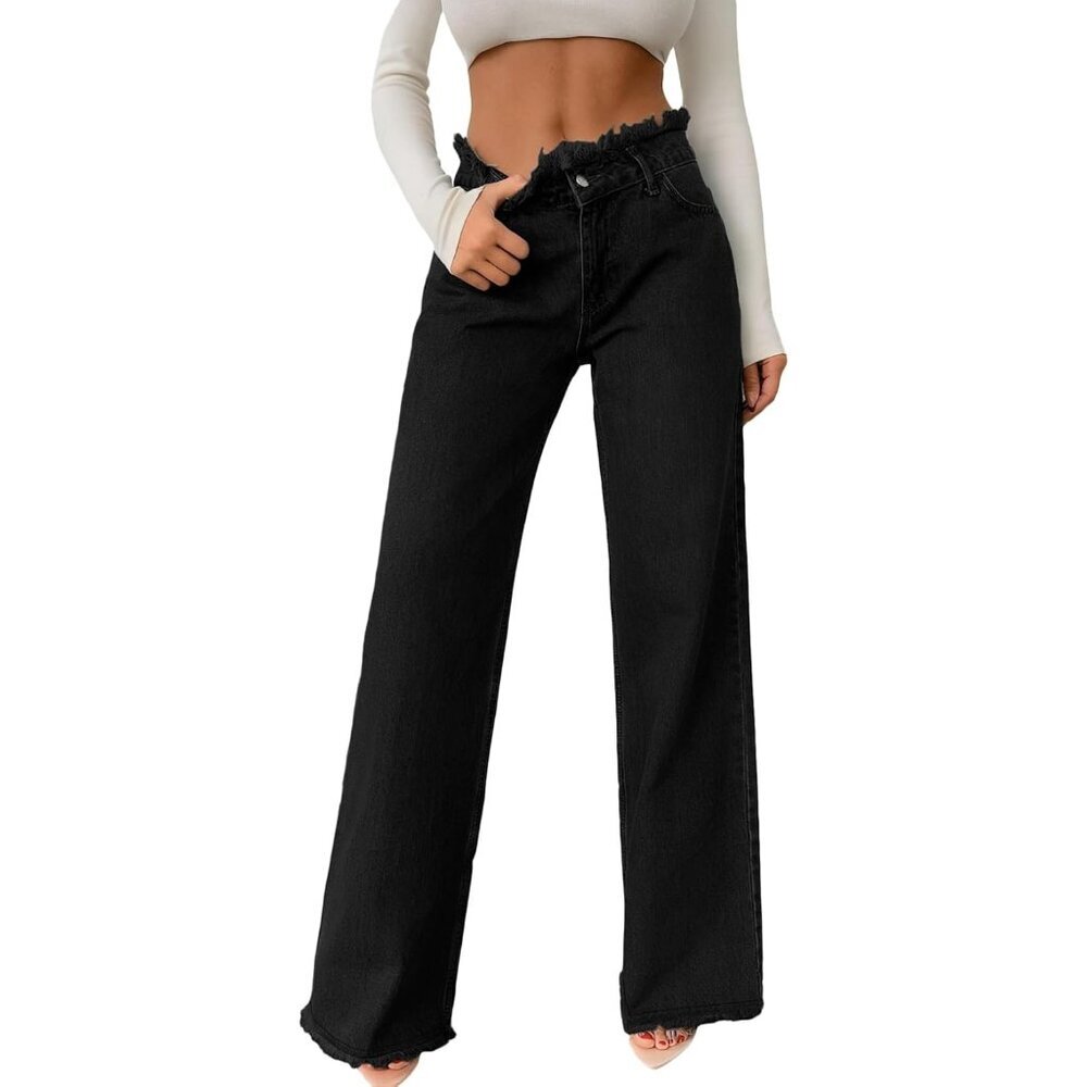 Womens High Waisted Raw Hem Jeans Stretch Wide Leg Straight Denim Pants